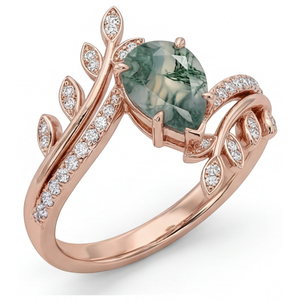 Moss Agate Schmuckstein-Ring 2,75-Karat 14K Roségold – Schrägansicht