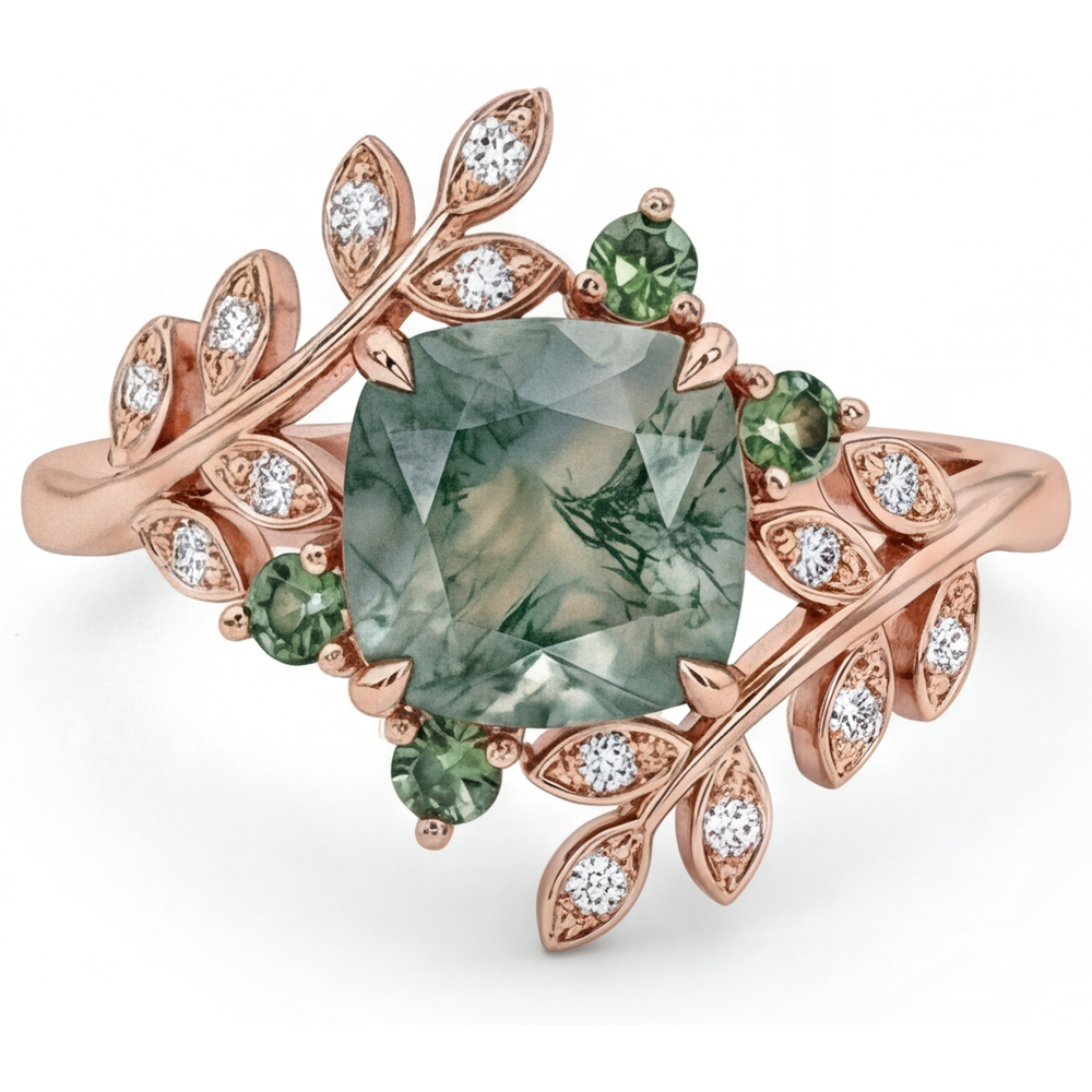 Moss Agate Schmuckstein-Ring 3,0-Karat 14K Roségold – Frontansicht