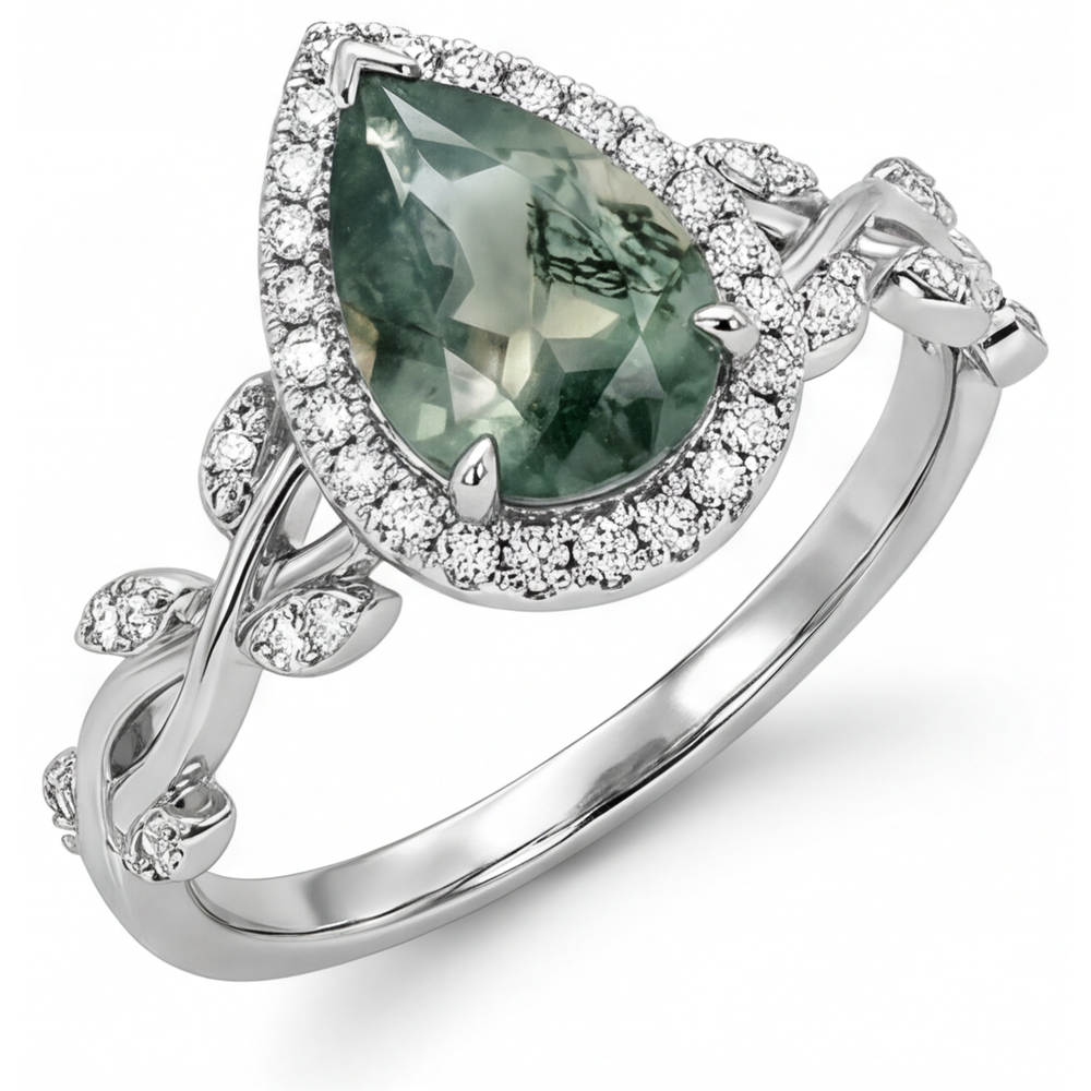 Moss Agate Tropfen-Schliff Schmuckstein-Ring in 14 Karat Weißgold – Hauptansicht