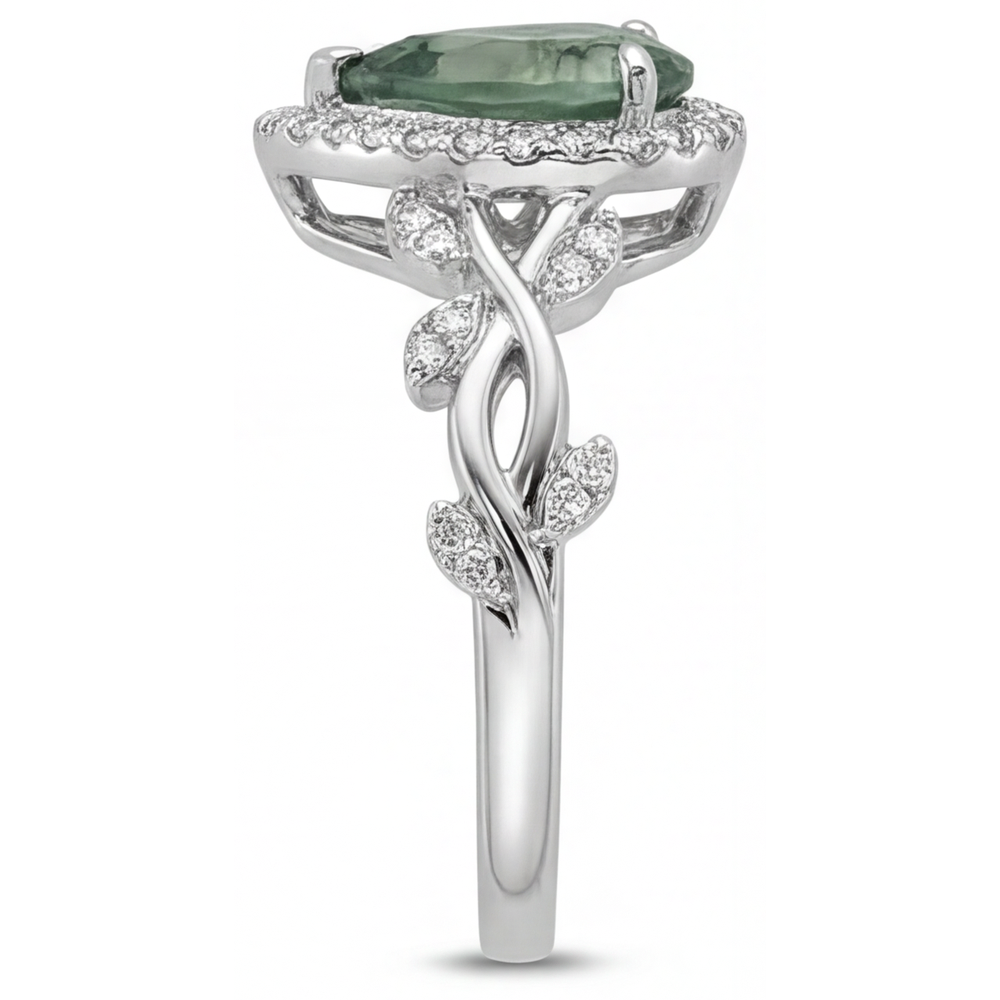 Tropfen-Schliff Moss Agate Ring in 14 Karat Weißgold – Schrägansicht