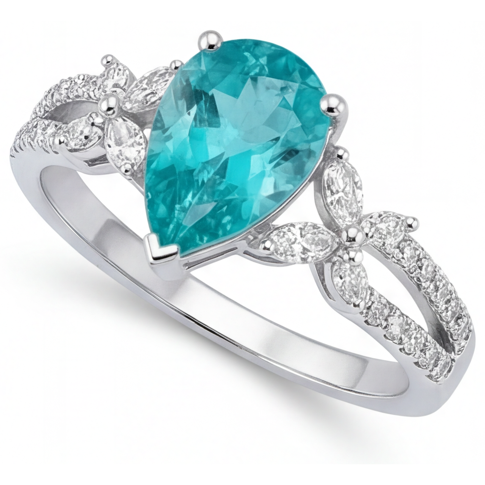 Naturreiner Neon Paraiba Edelstein-Ring 2 Karat 14K Weißgold – Schrägansicht
