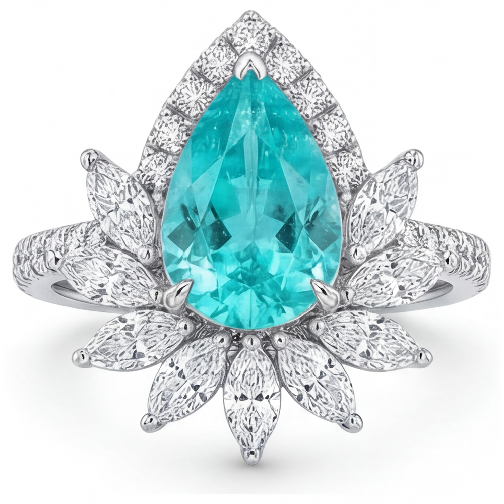 Neon Paraiba Tropfen-Schliff Halo-Fassung Ring in 14K Weißgold – Frontansicht
