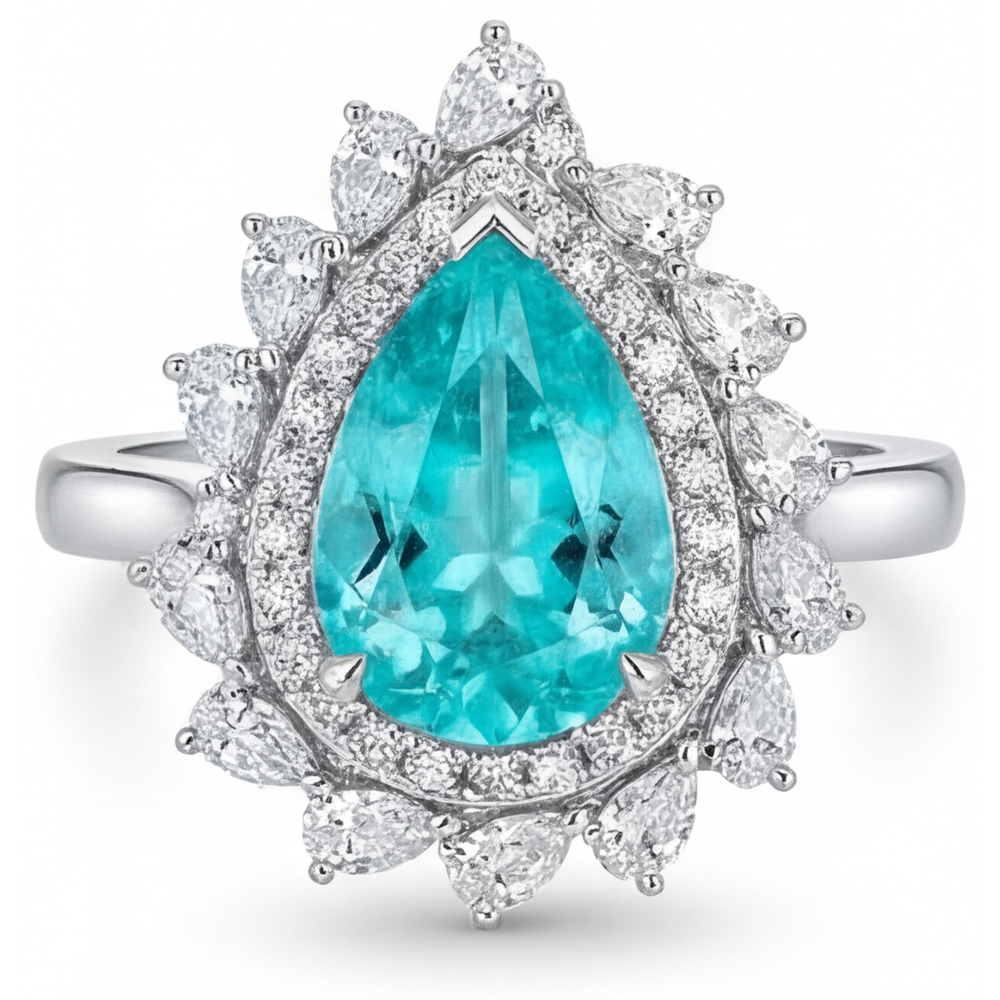 Neon Paraiba Birnen-Schliff Halo-Fassung Ring in 14K Weißgold – Hauptansicht