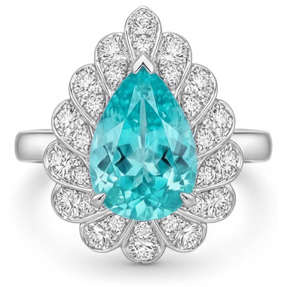 Exquisiter Neon Paraiba Halo-Ring 5 Karat – Seitenansicht