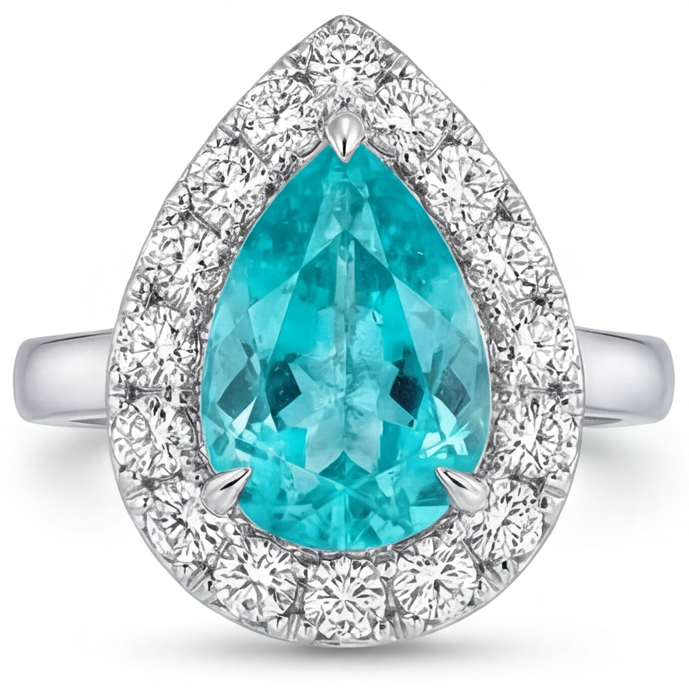 Neon Paraiba Tropfen-Schliff Halo-Ring in 14K Weißgold – Frontansicht