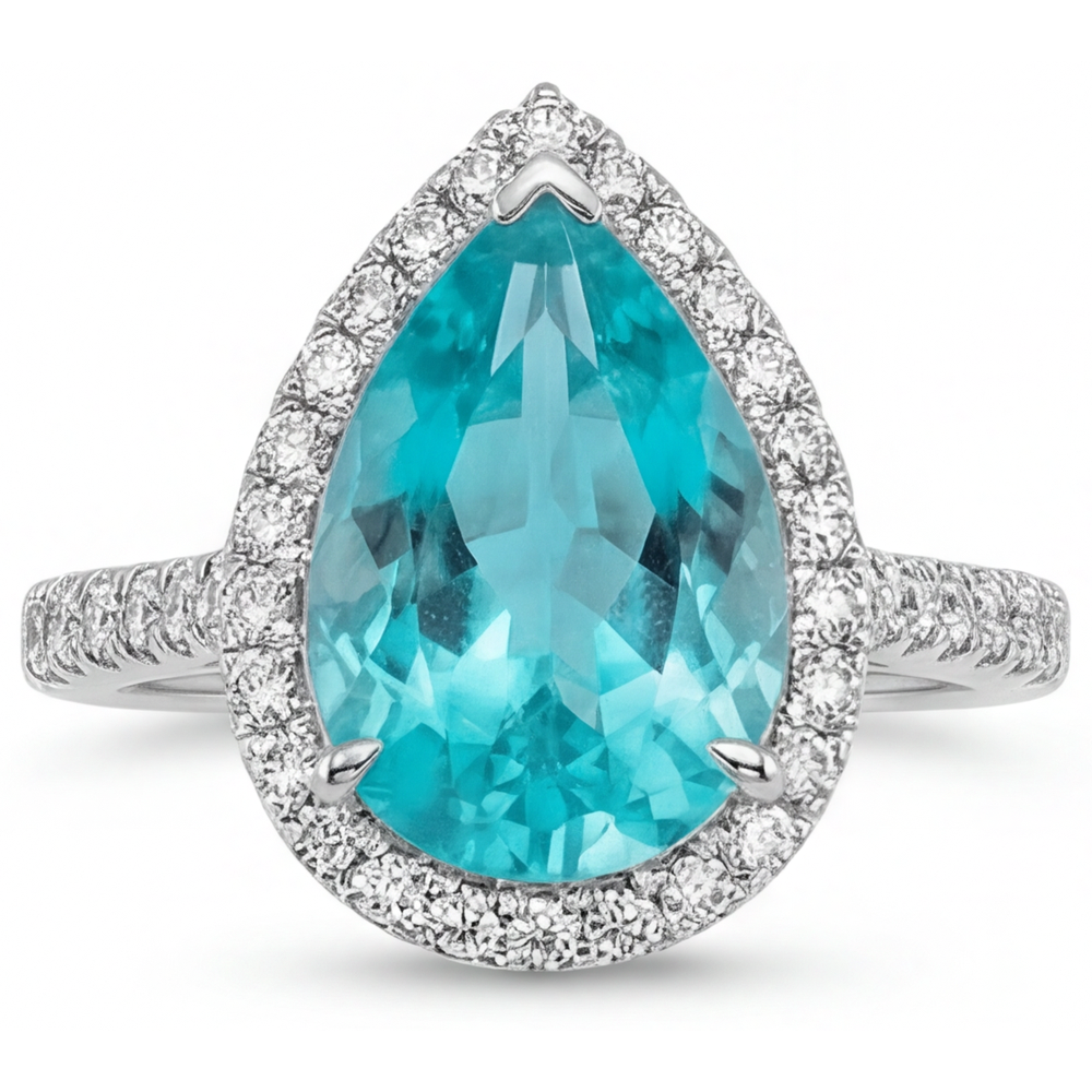 Halo-Verlobungsring 14 Karat Weißgold mit Neon Paraiba – Frontansicht
