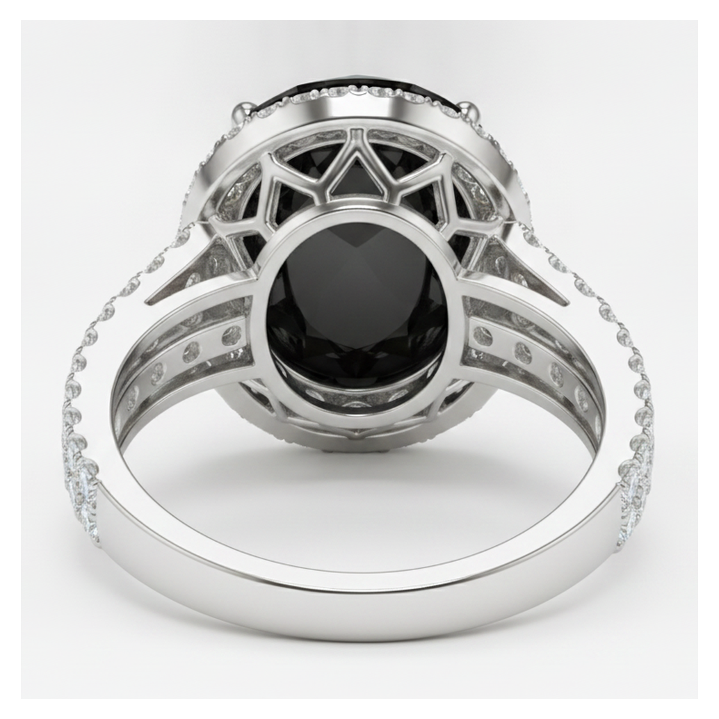 Verlobungsring mit echtem schwarzem Diamant 6 Karat Oval Halo 14 Karat Weißgold