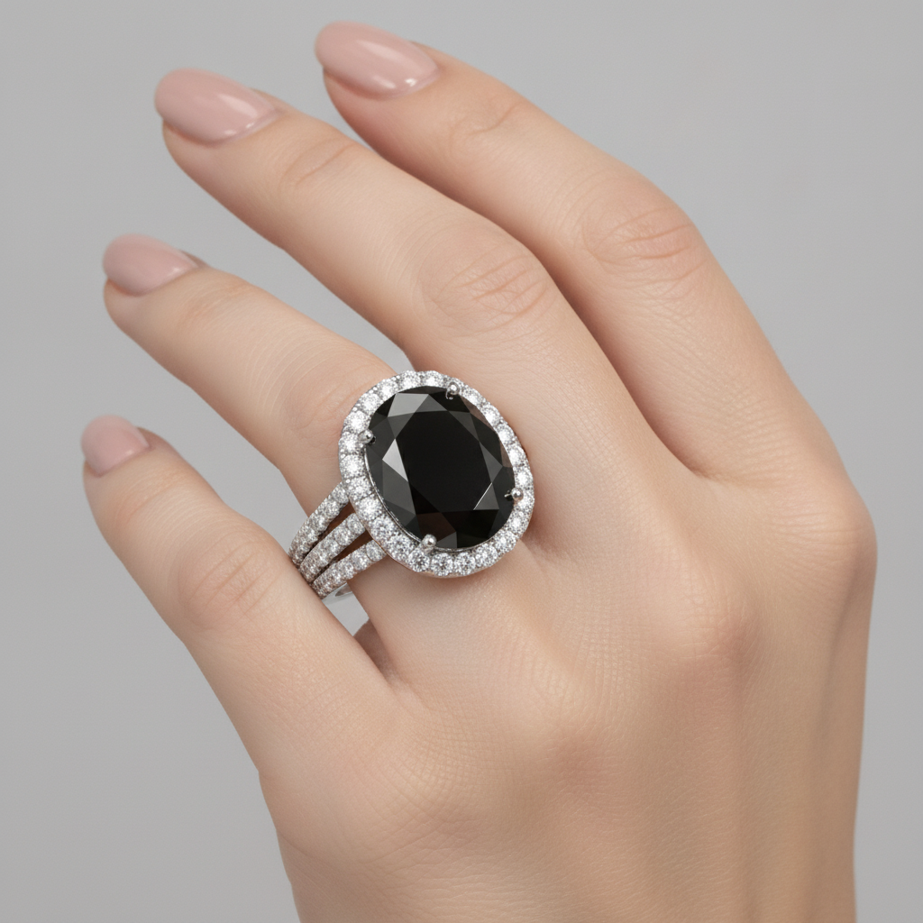 Verlobungsring mit echtem schwarzem Diamant 6 Karat Oval Halo 14 Karat Weißgold