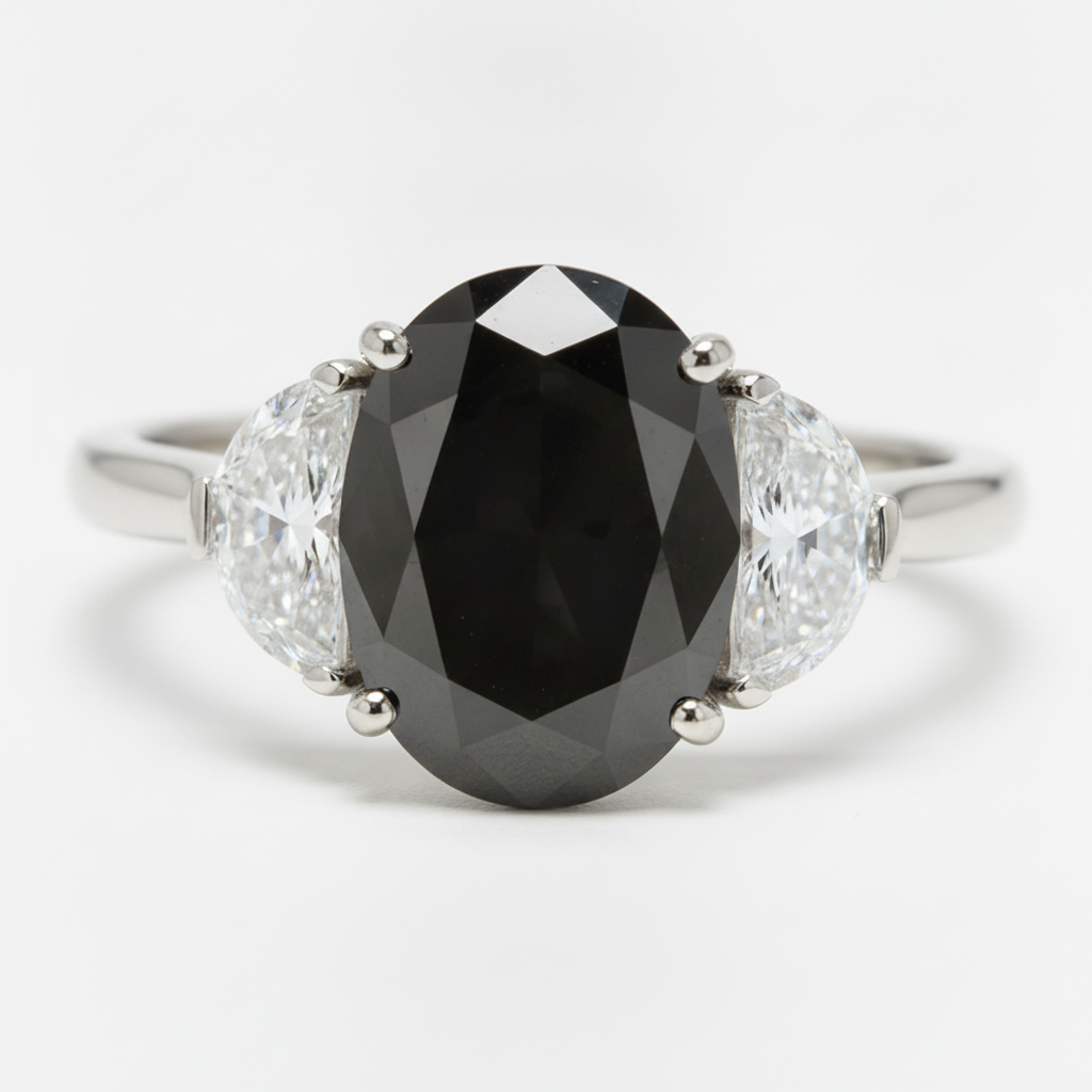 Ehering mit echtem schwarzem Diamanten 4,6 Karat Oval Halbmond Drei-Stein 14 Karat Weißgold