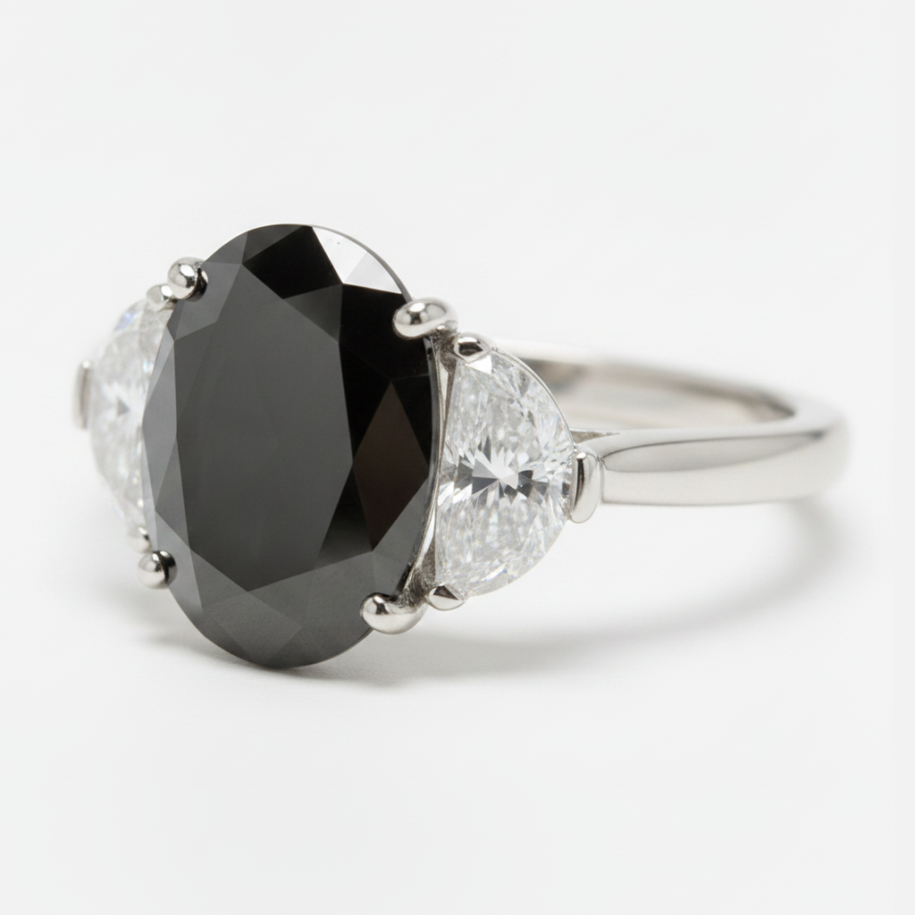 Ehering mit echtem schwarzem Diamanten 4,6 Karat Oval Halbmond Drei-Stein 14 Karat Weißgold