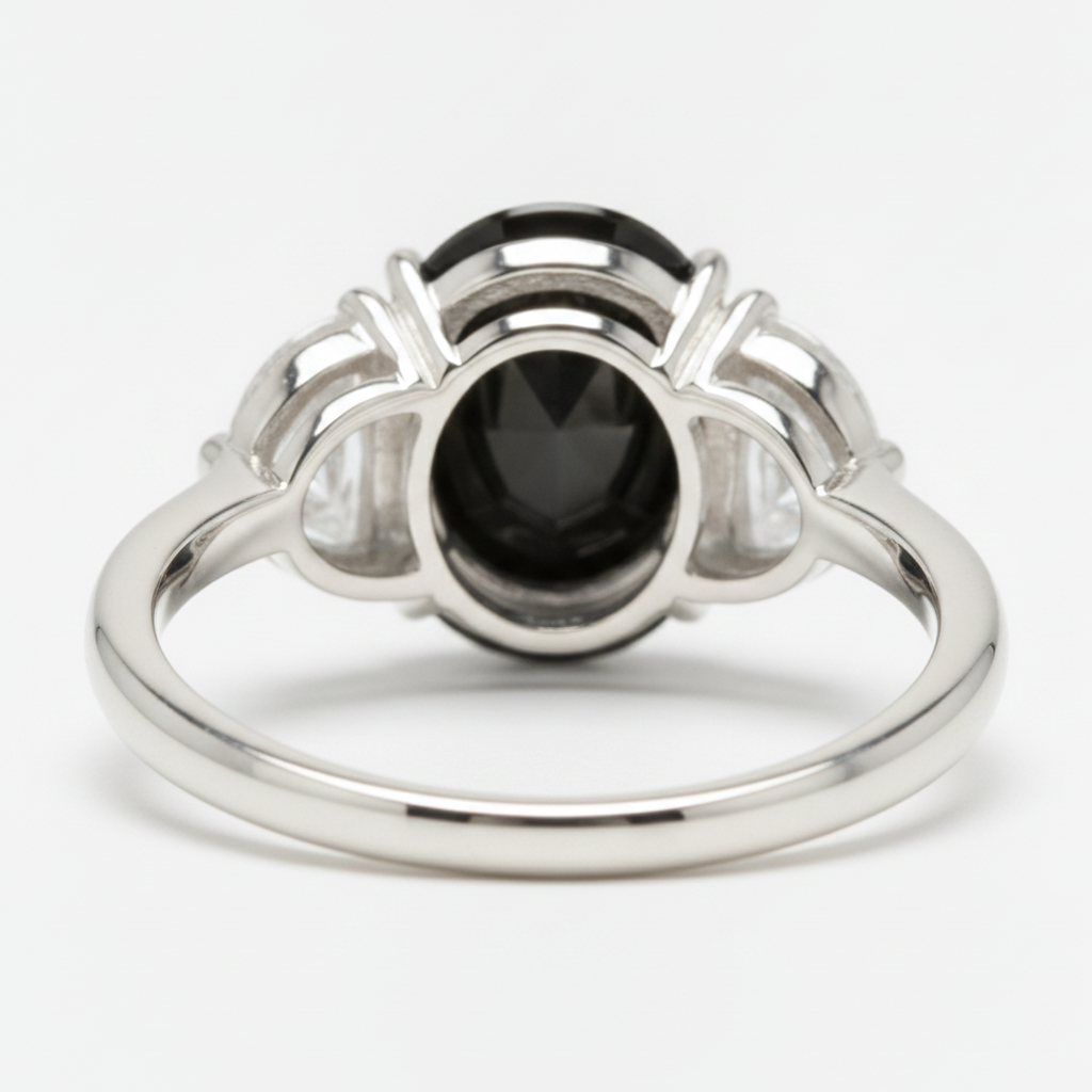 Ehering mit echtem schwarzem Diamanten 4,6 Karat Oval Halbmond Drei-Stein 14 Karat Weißgold