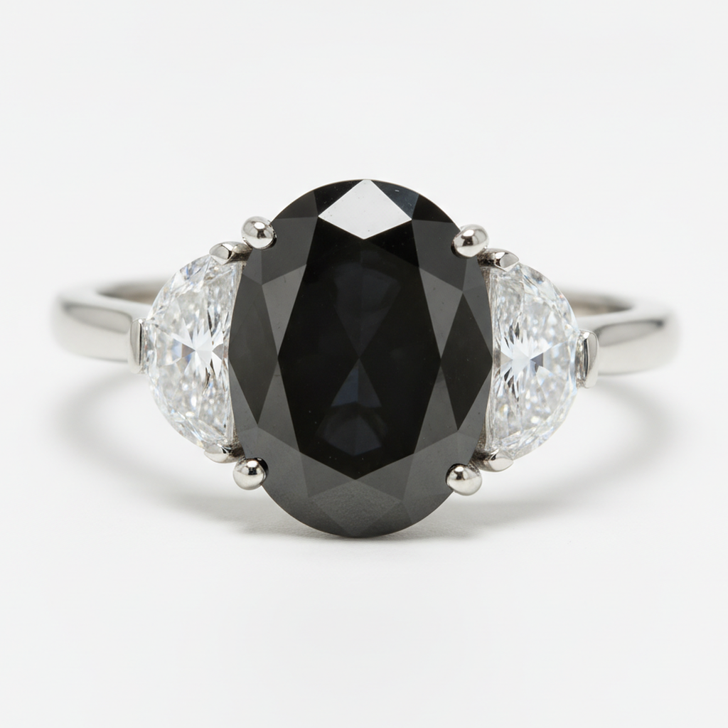 Ehering mit echtem schwarzem Diamanten 4,6 Karat Oval Halbmond Drei-Stein 14 Karat Weißgold