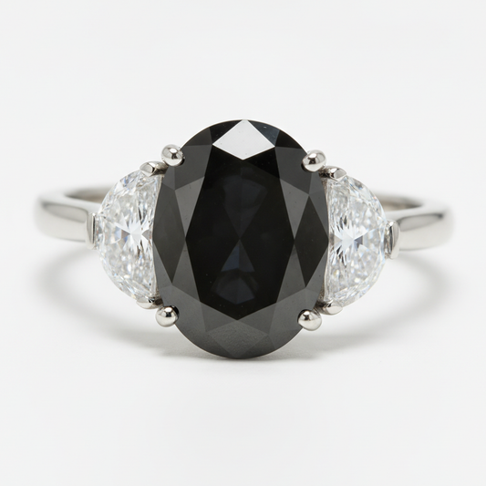 Ehering mit echtem schwarzem Diamanten 4,6 Karat Oval Halbmond Drei-Stein 14 Karat Weißgold