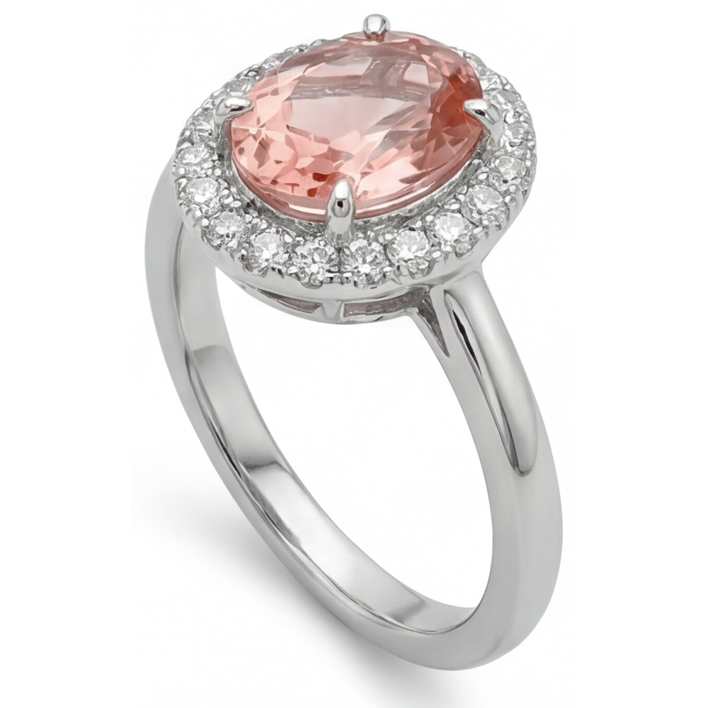 Padparadscha-Saphir-Ring 4,3 Karat im Labor gezüchtet Oval Halo 14 Karat Weißgold