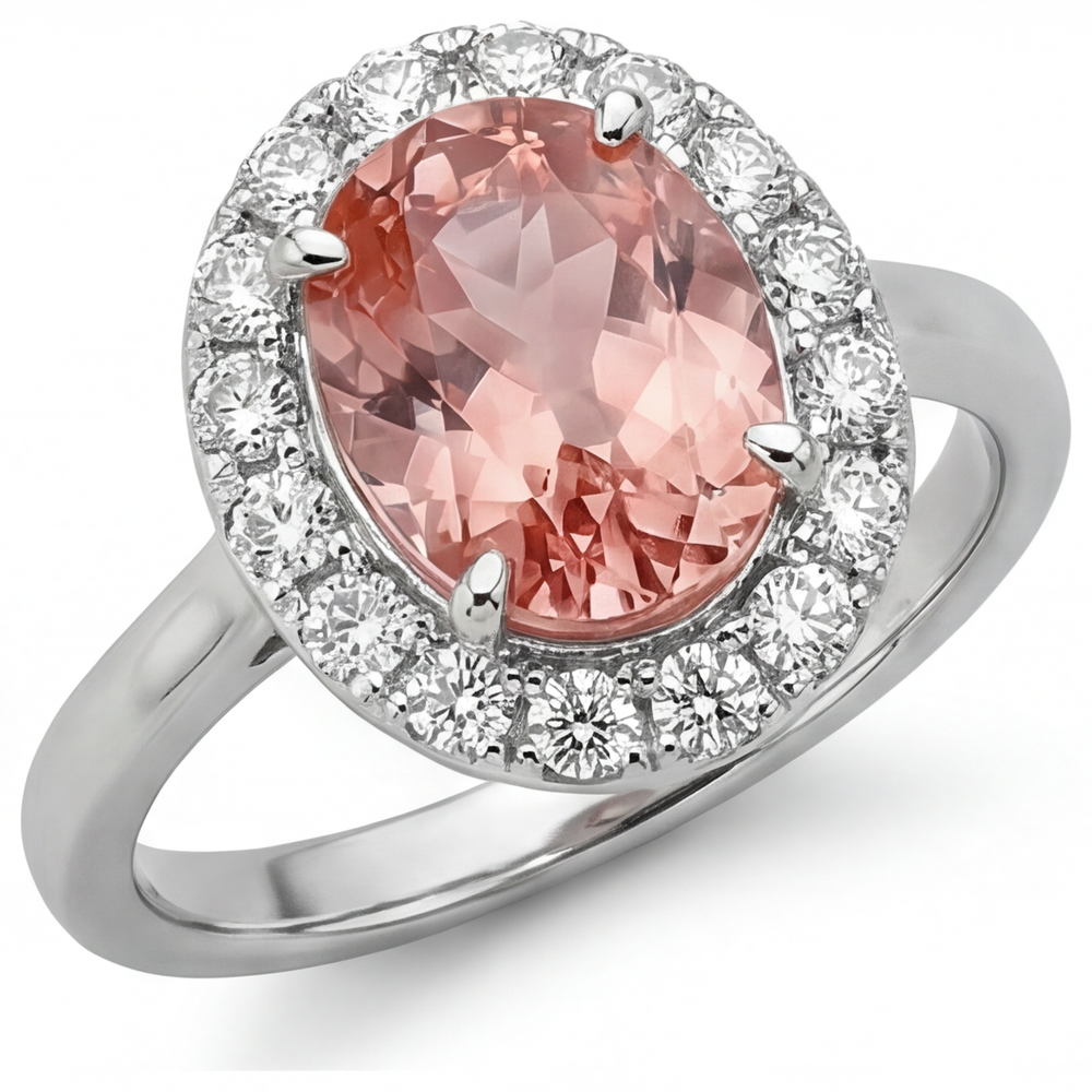 Padparadscha-Saphir-Ring 4,3 Karat im Labor gezüchtet Oval Halo 14 Karat Weißgold