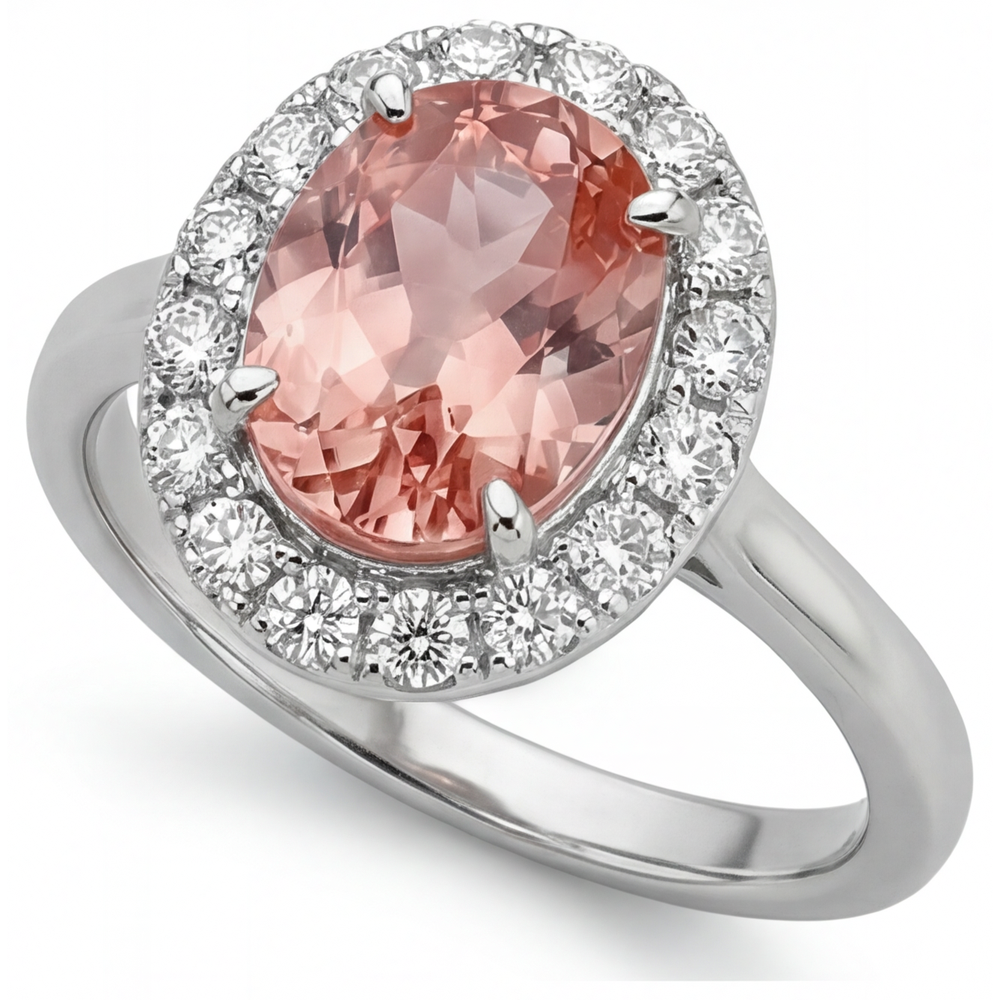 Padparadscha-Saphir-Ring 4,3 Karat im Labor gezüchtet Oval Halo 14 Karat Weißgold