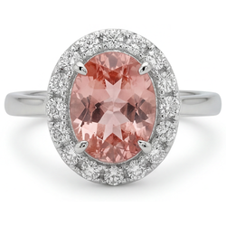 Padparadscha-Saphir-Ring 4,3 Karat im Labor gezüchtet Oval Halo 14 Karat Weißgold