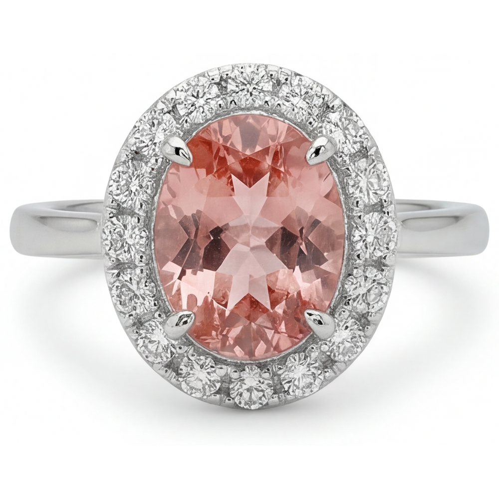 Padparadscha-Saphir-Ring 4,3 Karat im Labor gezüchtet Oval Halo 14 Karat Weißgold