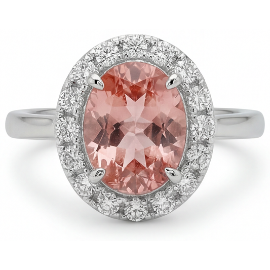Padparadscha-Saphir-Ring 4,3 Karat im Labor gezüchtet Oval Halo 14 Karat Weißgold