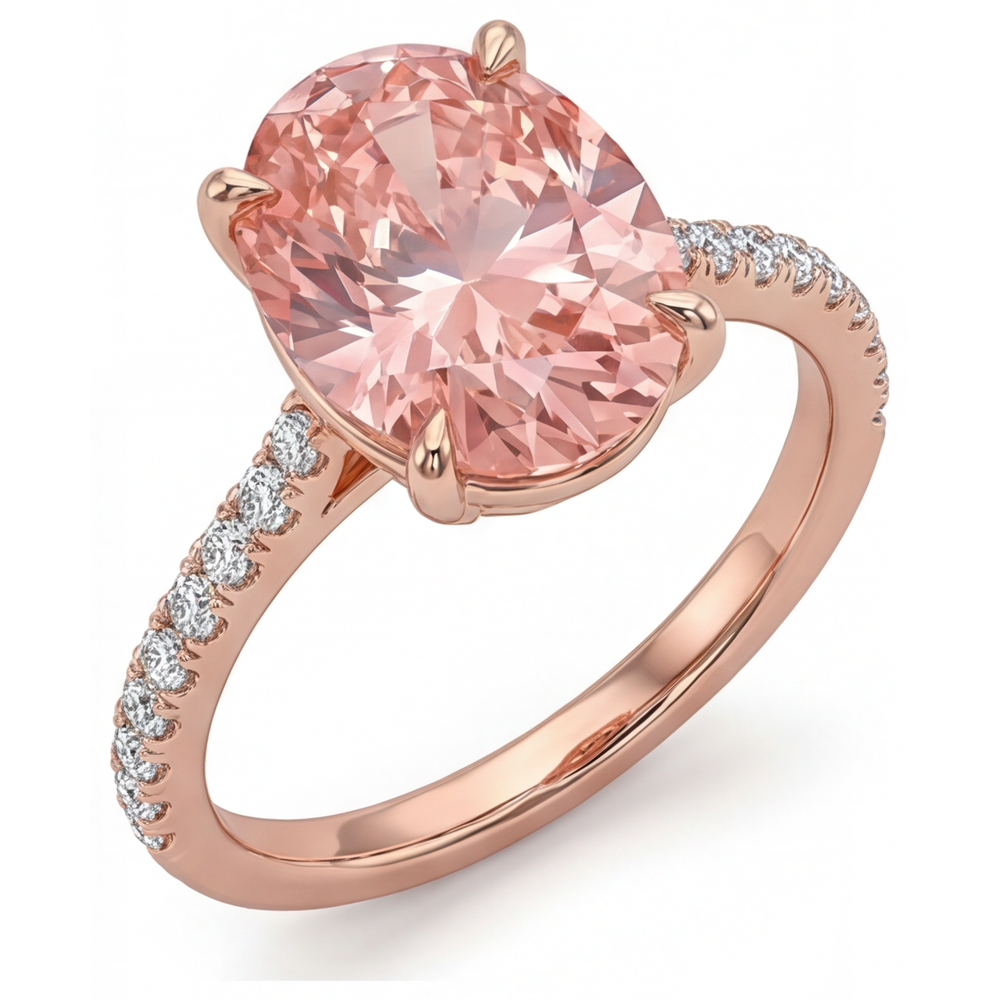 Padparadscha-Saphir-Ring 4,3 Karat im Labor gezüchtet oval Pavé 14 Karat Roségold