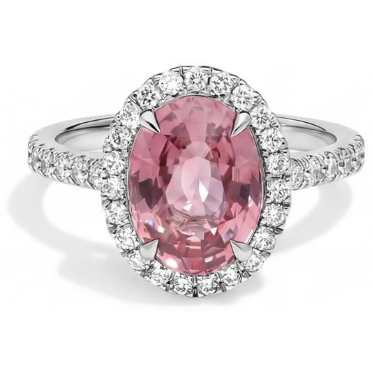 Pfirsichfarbener Saphir Verlobungsring 2,8 Karat Natürlicher Ovaler Padparadscha Halo 14 Karat Weißgold