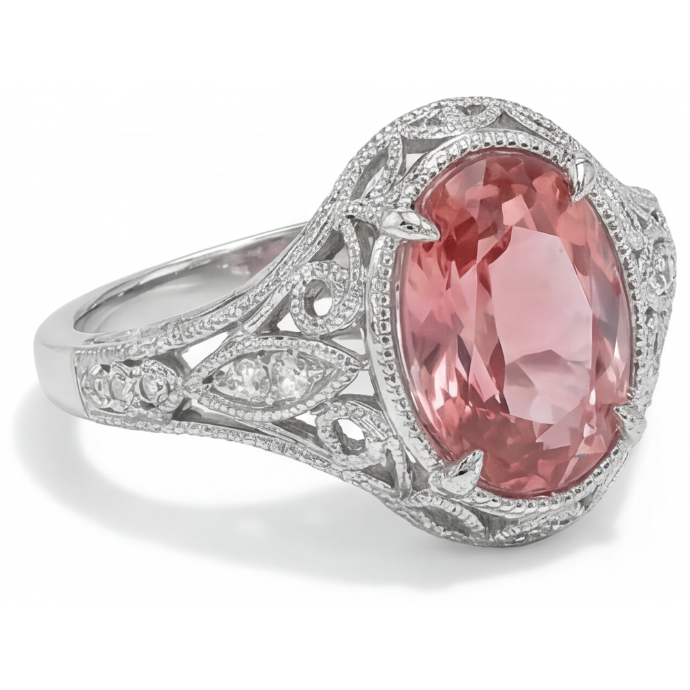 Natürlicher Padparadscha-Saphir-Ring 3,3 Karat Oval Pavé 14 Karat Weißgold