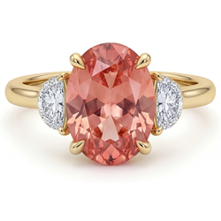 Dreisteinring aus 14 Karat Gelbgold mit echtem ovalem Pfirsich-Padparadscha-Saphir 2,9 Karat und weissen Halbmonden