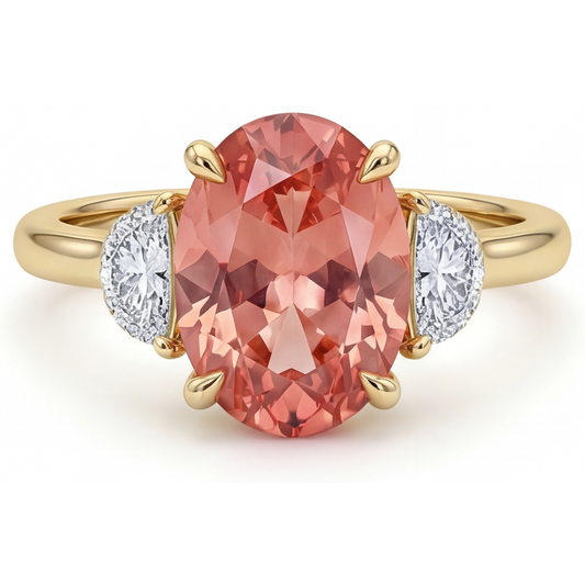 Dreisteinring aus 14 Karat Gelbgold mit echtem ovalem Pfirsich-Padparadscha-Saphir 2,9 Karat und weissen Halbmonden