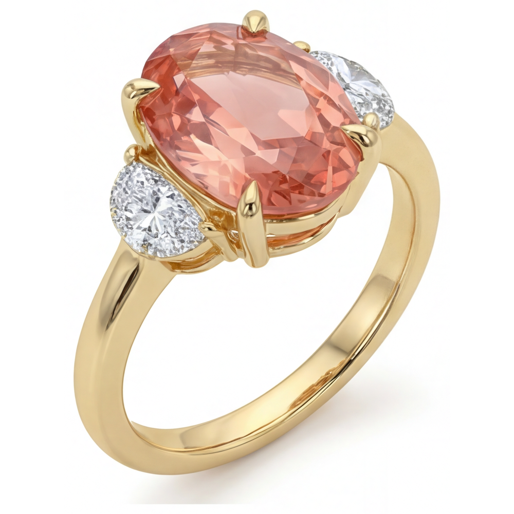 Dreisteinring aus 14 Karat Gelbgold mit echtem ovalem Pfirsich-Padparadscha-Saphir 2,9 Karat und weissen Halbmonden