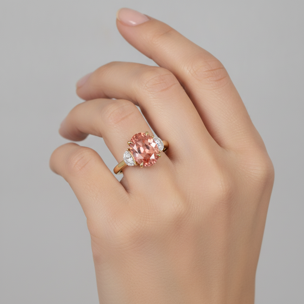 Dreisteinring aus 14 Karat Gelbgold mit echtem ovalem Pfirsich-Padparadscha-Saphir 2,9 Karat und weissen Halbmonden