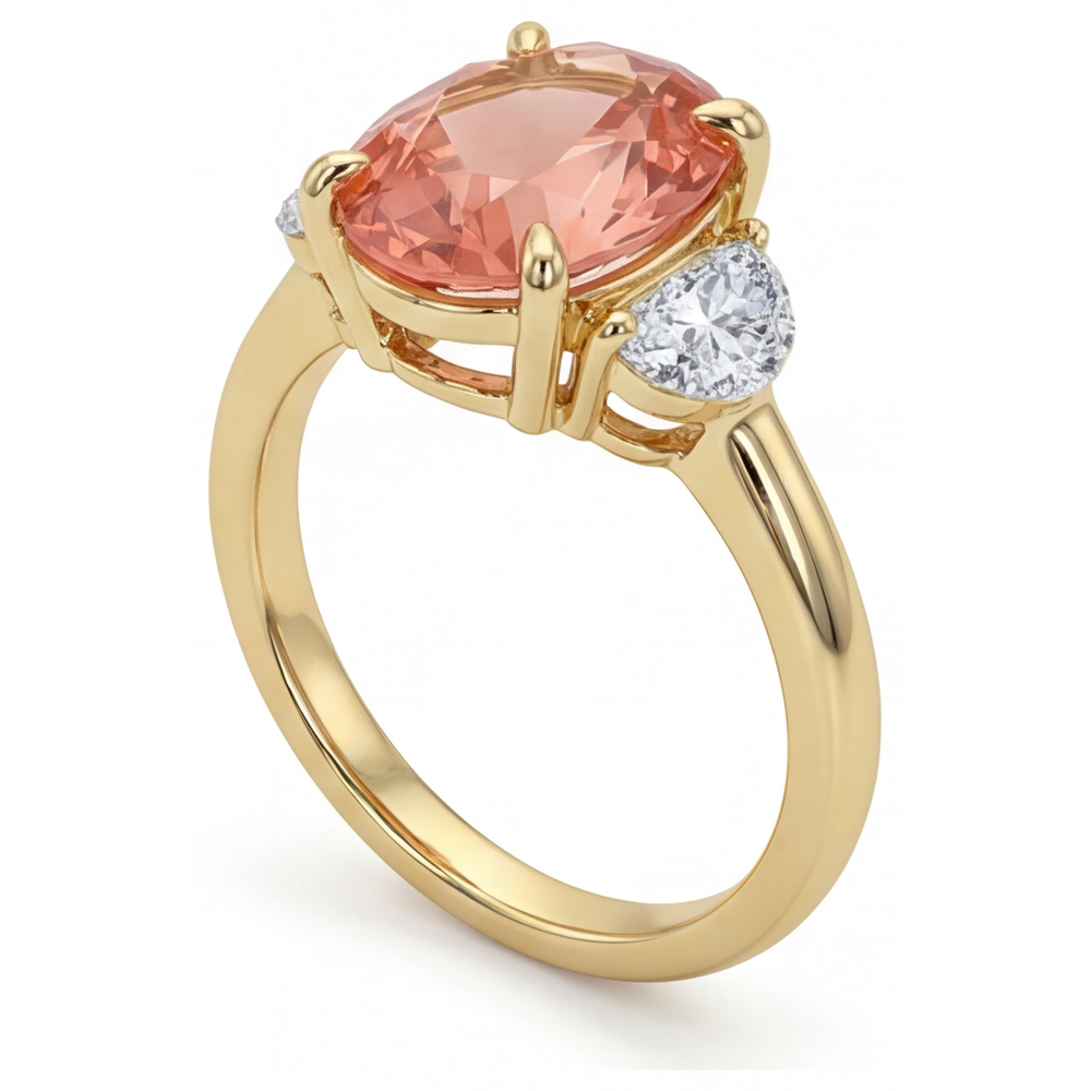 Verlobungsring mit pfirsichfarbenem Saphir 2,9 Karat, echter ovaler Padparadscha und weisse Halbmonde, Drei-Stein, 14 Karat Gelbgold