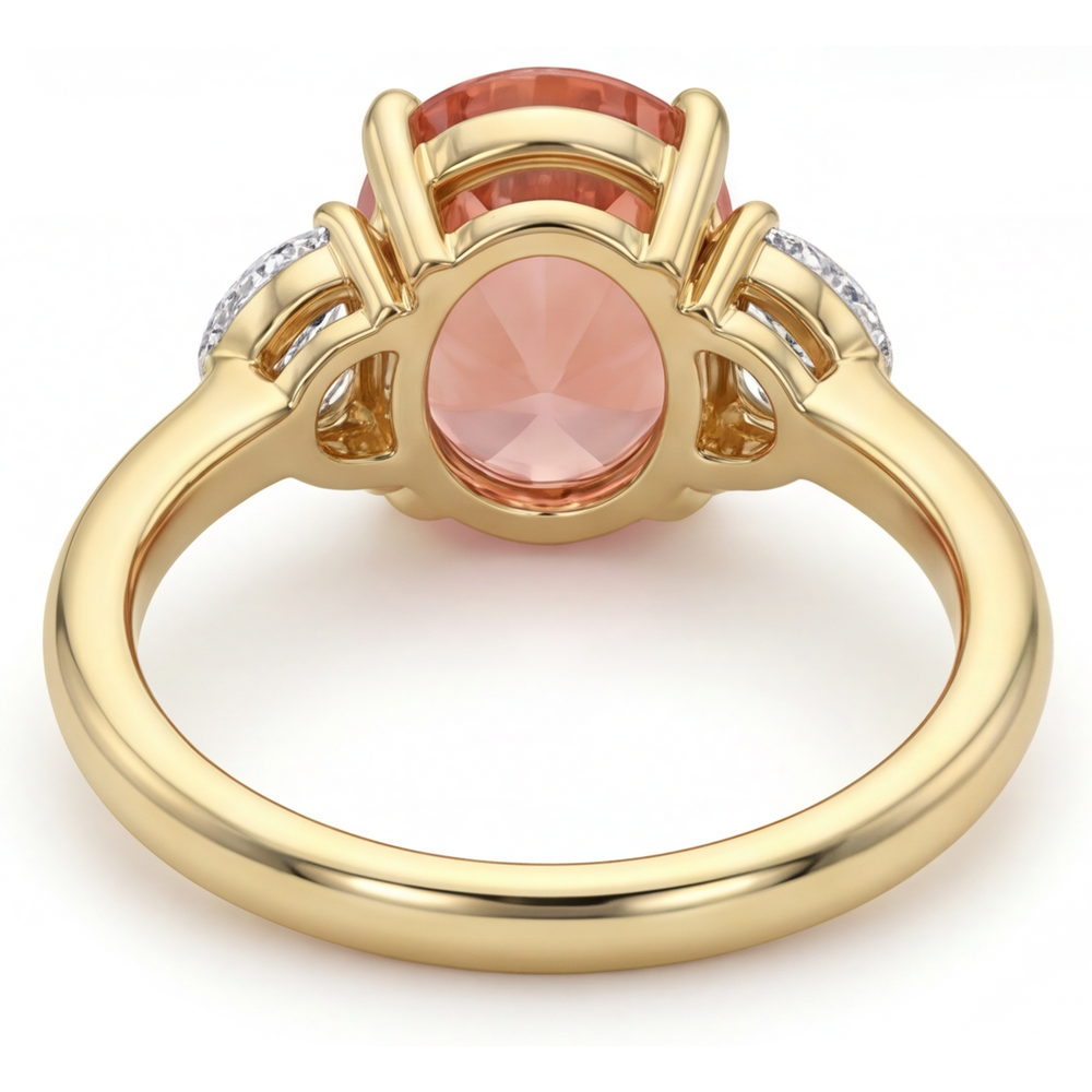 Verlobungsring mit pfirsichfarbenem Saphir 2,9 Karat, echter ovaler Padparadscha und weisse Halbmonde, Drei-Stein, 14 Karat Gelbgold