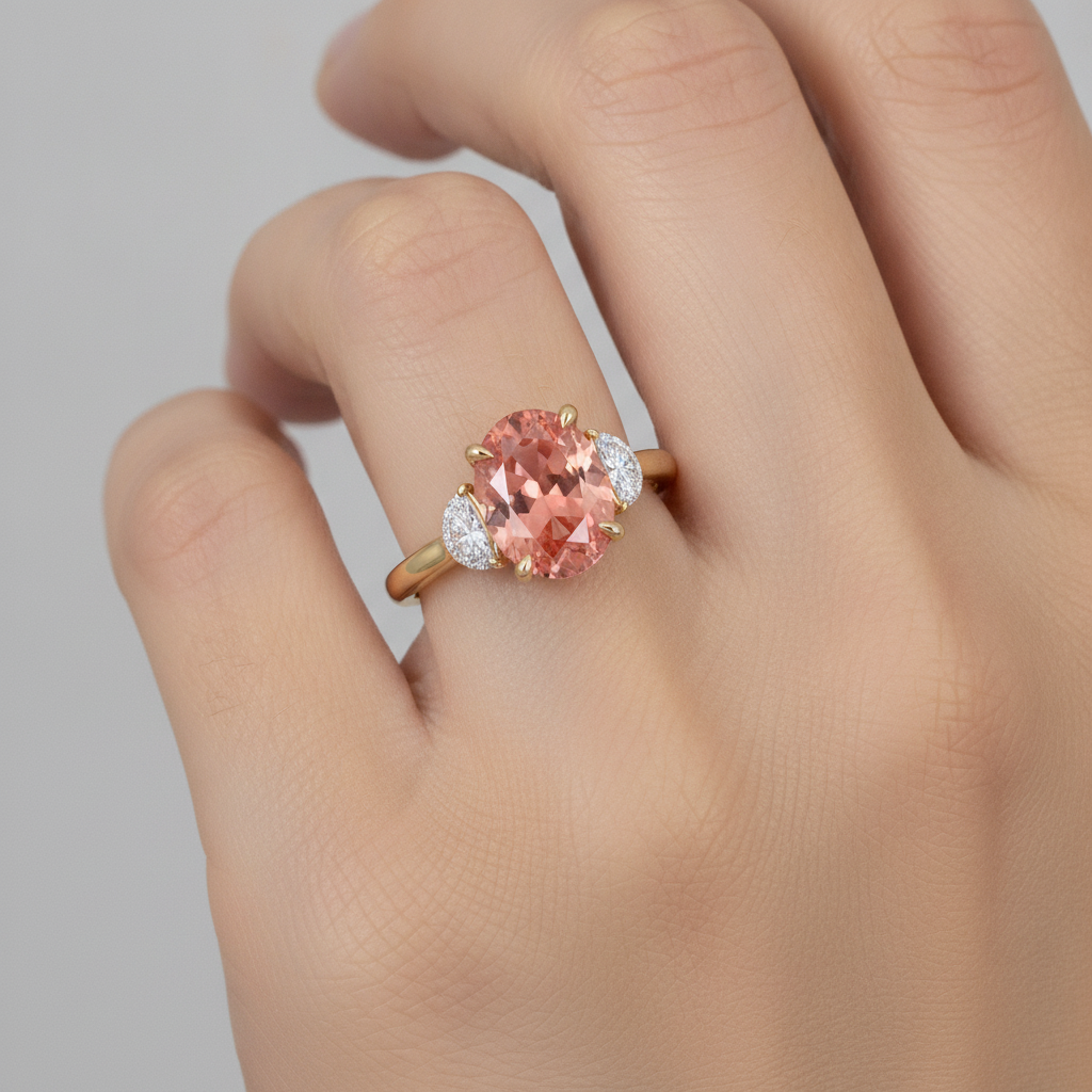 Verlobungsring mit pfirsichfarbenem Saphir 2,9 Karat, echter ovaler Padparadscha und weisse Halbmonde, Drei-Stein, 14 Karat Gelbgold