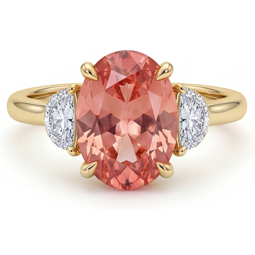 Verlobungsring mit pfirsichfarbenem Saphir 2,9 Karat, echter ovaler Padparadscha und weisse Halbmonde, Drei-Stein, 14 Karat Gelbgold