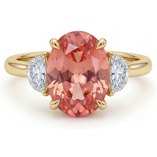Verlobungsring mit pfirsichfarbenem Saphir 2,9 Karat, echter ovaler Padparadscha und weisse Halbmonde, Drei-Stein, 14 Karat Gelbgold