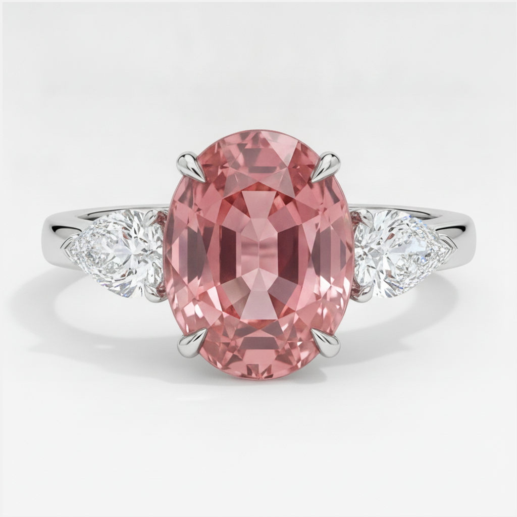 Verlobungsring mit echtem ovalem Pfirsich-Padparadscha-Saphir, 4,1 Karat, Dreistein, Platin