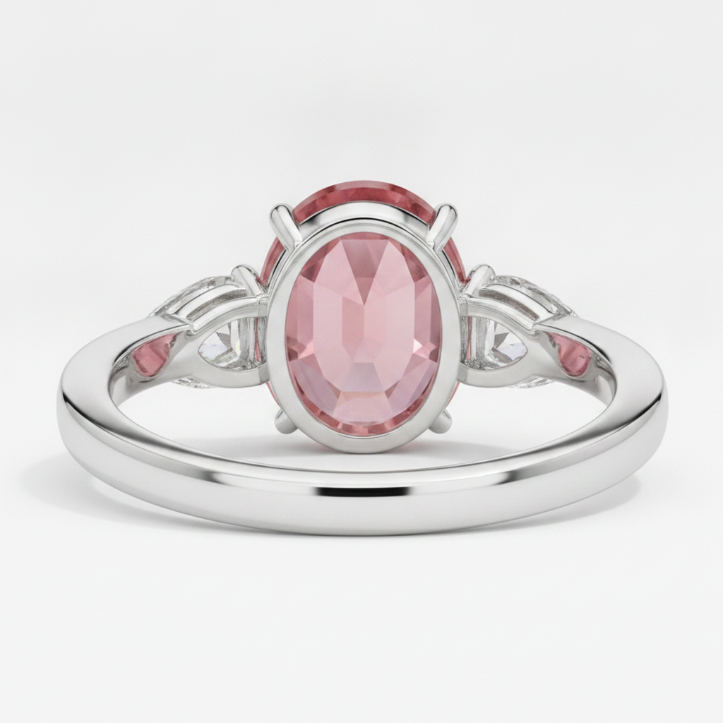Verlobungsring mit echtem ovalem Pfirsich-Padparadscha-Saphir, 4,1 Karat, Dreistein, Platin