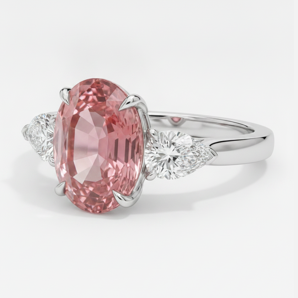 Verlobungsring mit echtem ovalem Pfirsich-Padparadscha-Saphir, 4,1 Karat, Dreistein, Platin