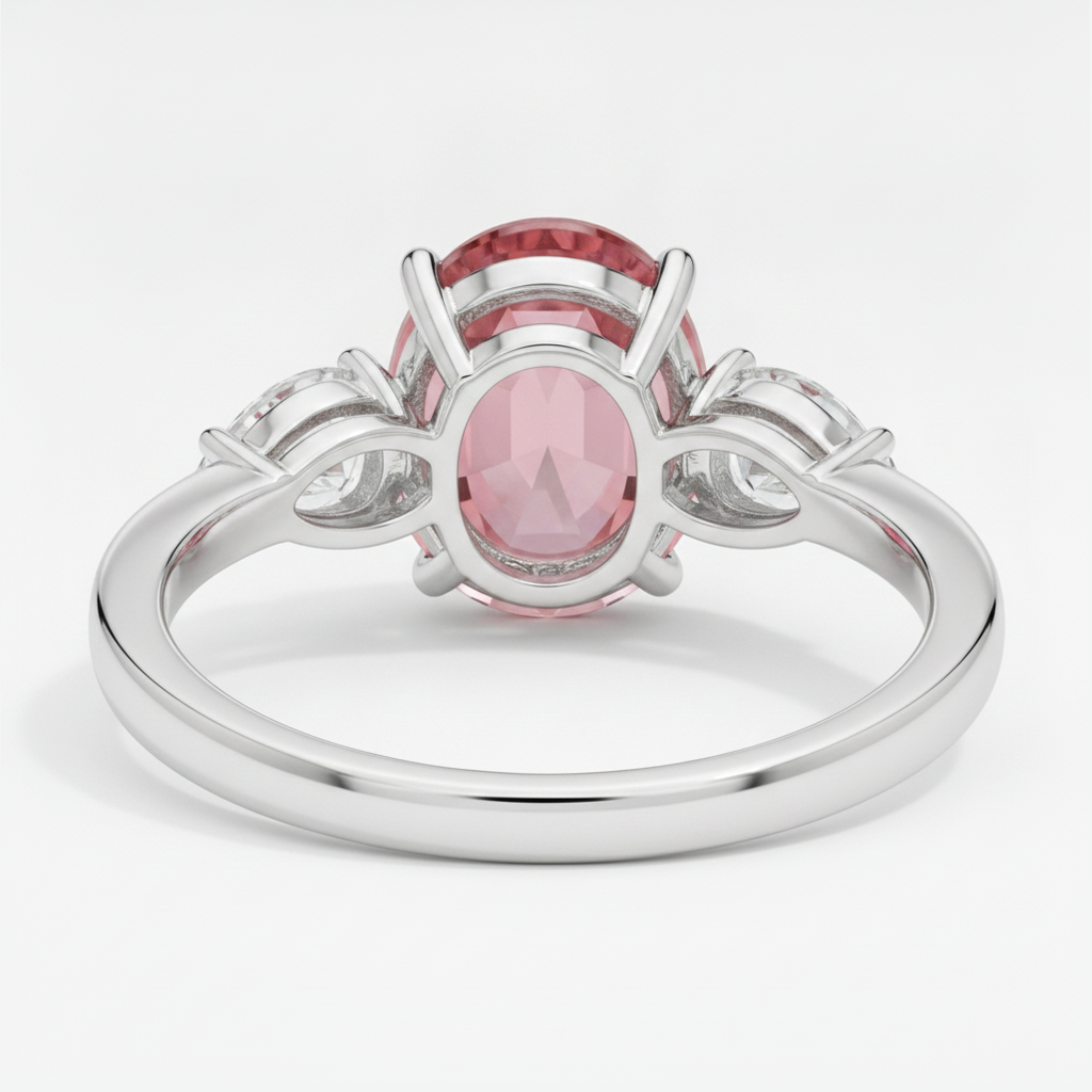 Verlobungsring mit echtem ovalem Pfirsich-Padparadscha-Saphir, 4,1 Karat, Dreistein, Platin
