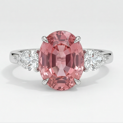 Verlobungsring mit echtem ovalem Pfirsich-Padparadscha-Saphir, 4,1 Karat, Dreistein, Platin