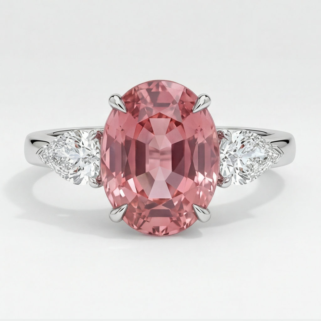 Verlobungsring mit echtem ovalem Pfirsich-Padparadscha-Saphir, 4,1 Karat, Dreistein, Platin