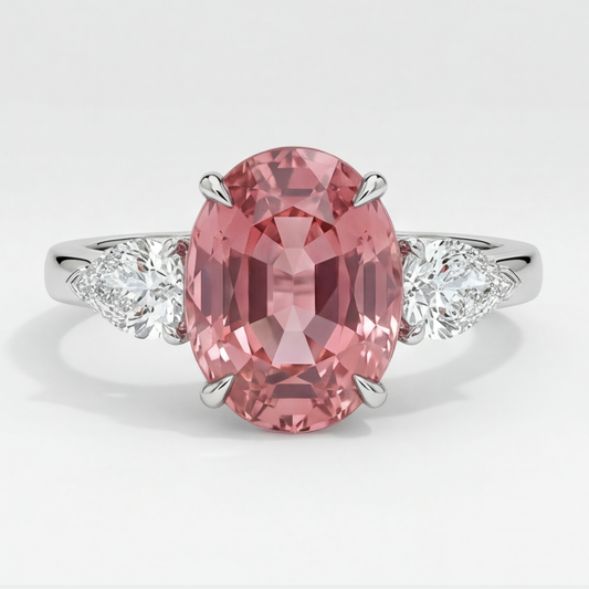 Verlobungsring mit echtem ovalem Pfirsich-Padparadscha-Saphir, 4,1 Karat, Dreistein, Platin