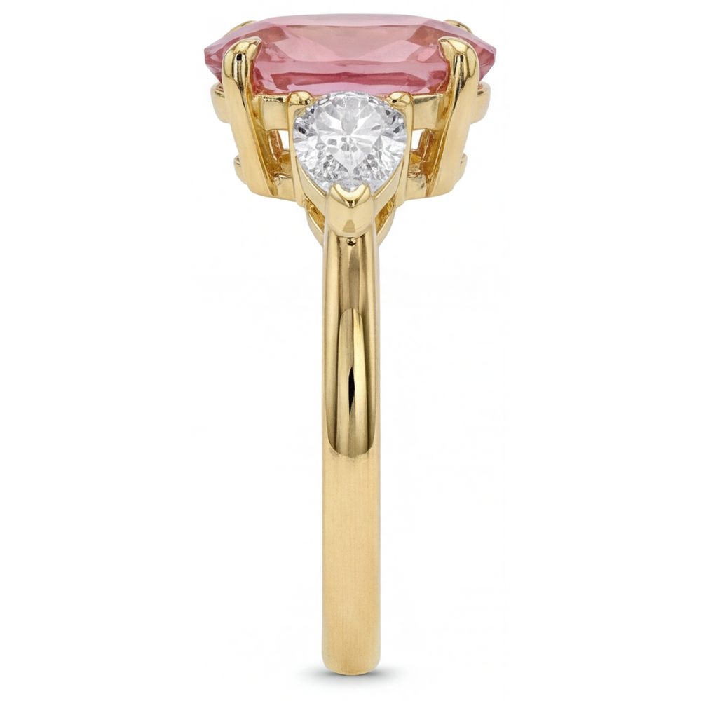Pfirsich-Saphir 2,9 Karat Echter Ovaler Padparadscha Drei-Stein-Ring 14 Karat Gelbgold