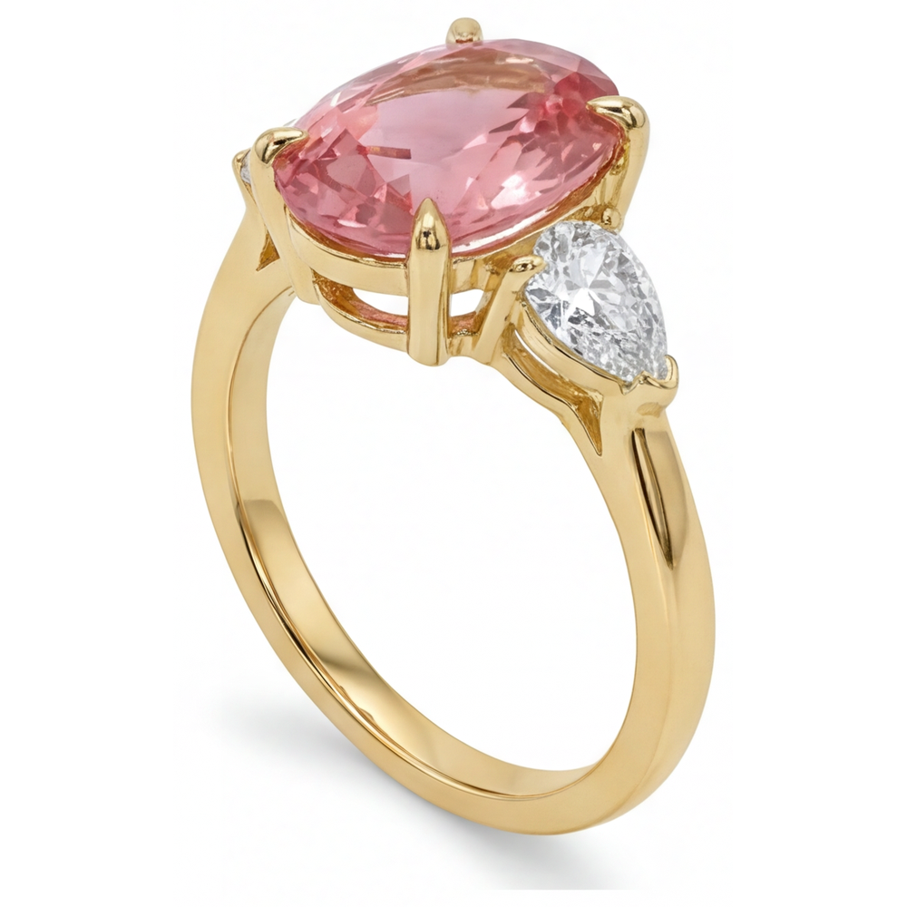 Pfirsich-Saphir 2,9 Karat Echter Ovaler Padparadscha Drei-Stein-Ring 14 Karat Gelbgold