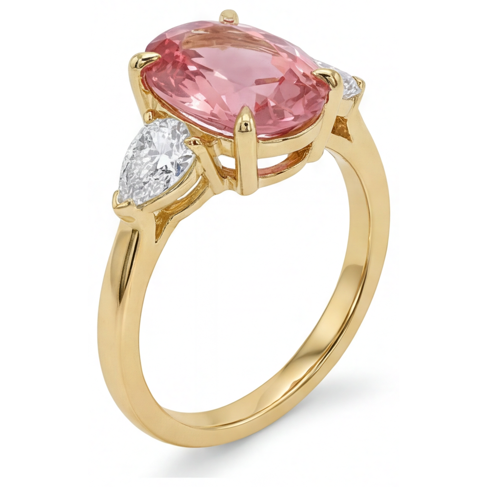 Pfirsich-Saphir 2,9 Karat Echter Ovaler Padparadscha Drei-Stein-Ring 14 Karat Gelbgold