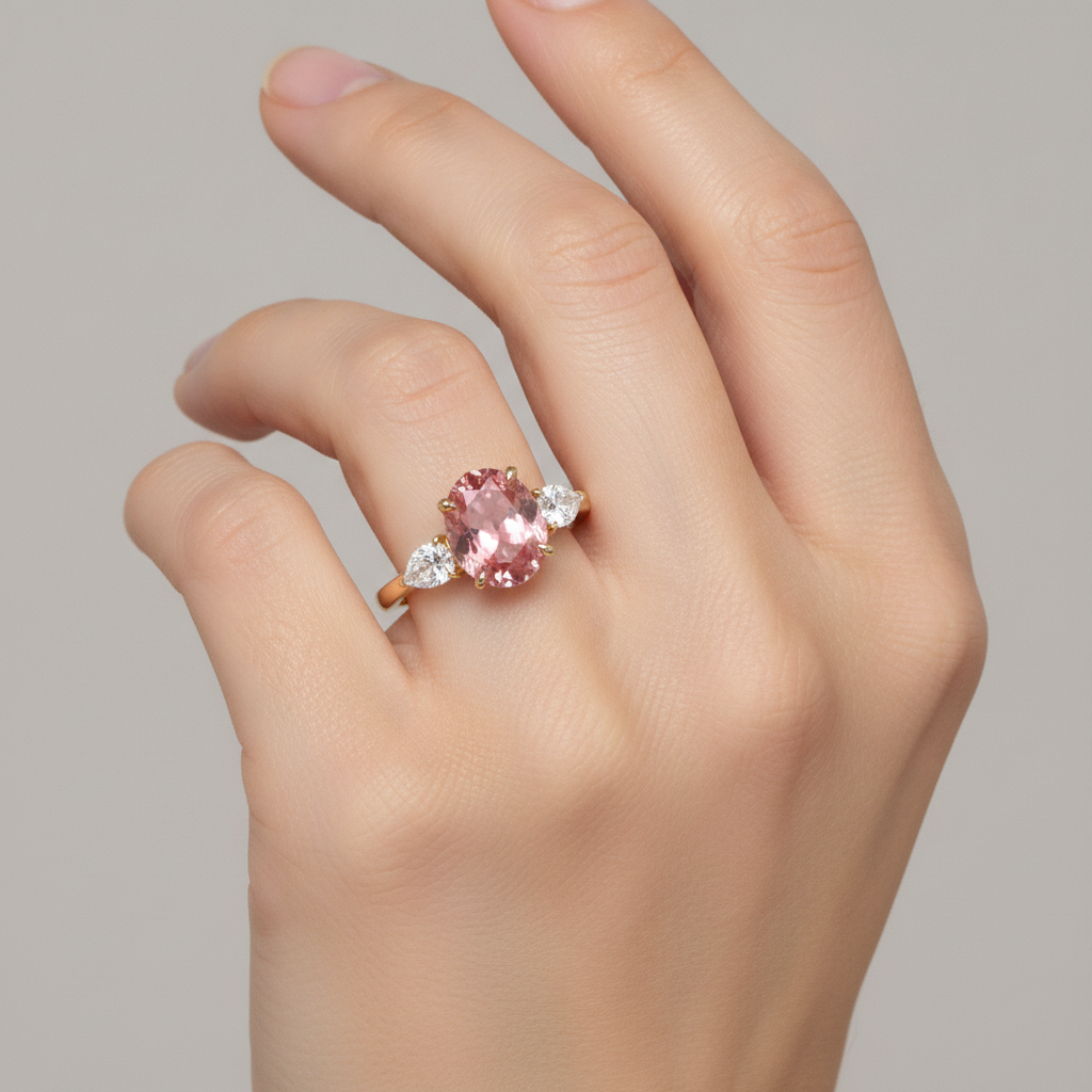 Pfirsich-Saphir 2,9 Karat Echter Ovaler Padparadscha Drei-Stein-Ring 14 Karat Gelbgold