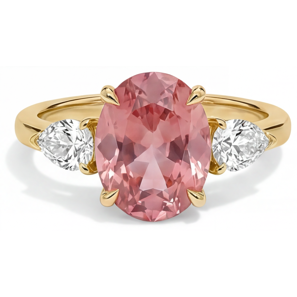 Pfirsich-Saphir 2,9 Karat Echter Ovaler Padparadscha Drei-Stein-Ring 14 Karat Gelbgold