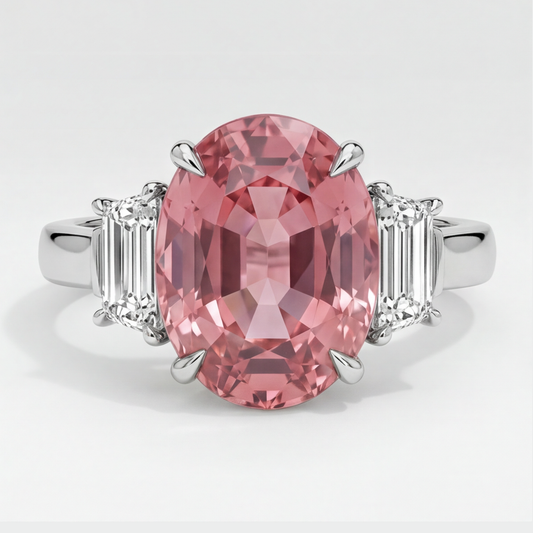 Padparadscha-Saphir-Dreisteinring 3,6 Karat Echter Ovalschliff und weisse Trapeze Platin