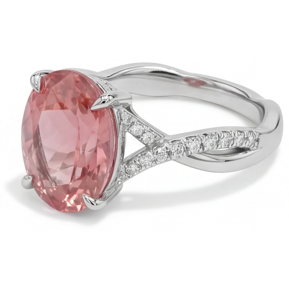 Bypass-Ring aus 14 Karat Weißgold mit natürlichem, ovalem Padparadscha-Saphir in Pfirsichfarbe, 2,8 Karat