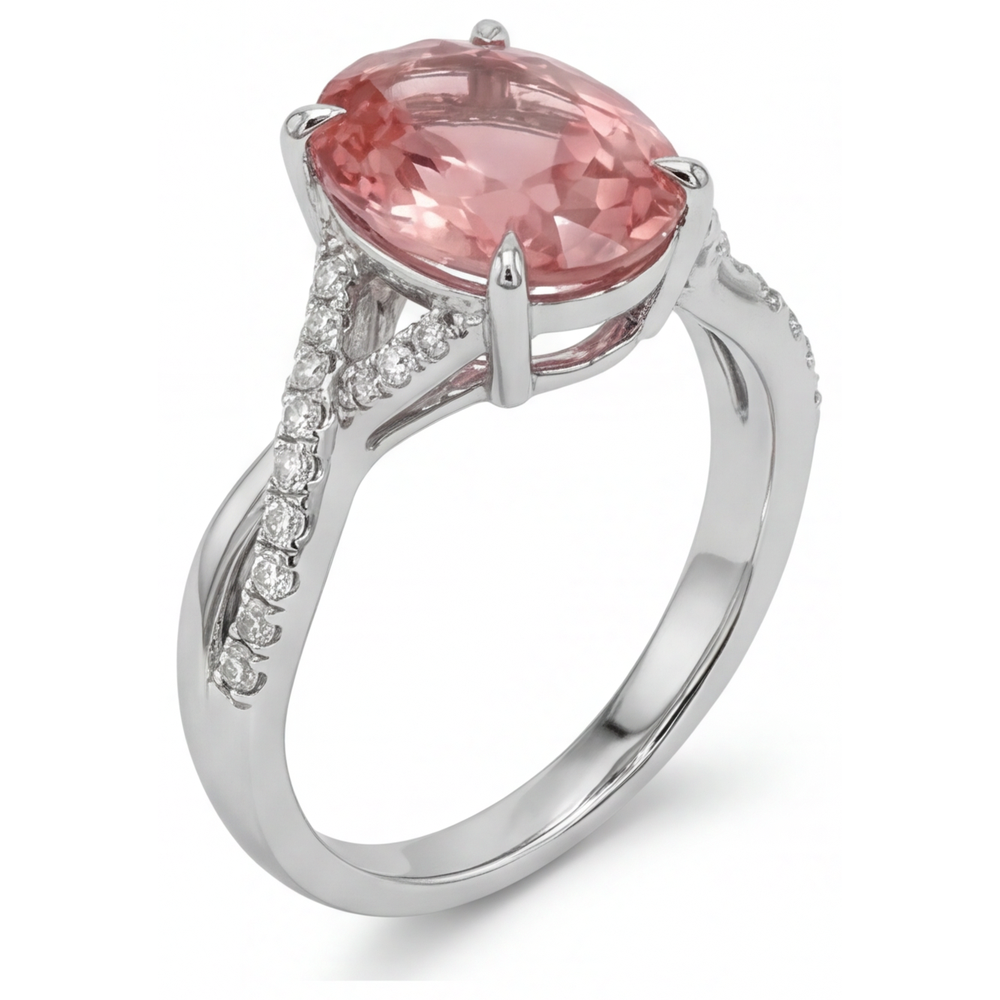 Bypass-Ring aus 14 Karat Weißgold mit natürlichem, ovalem Padparadscha-Saphir in Pfirsichfarbe, 2,8 Karat